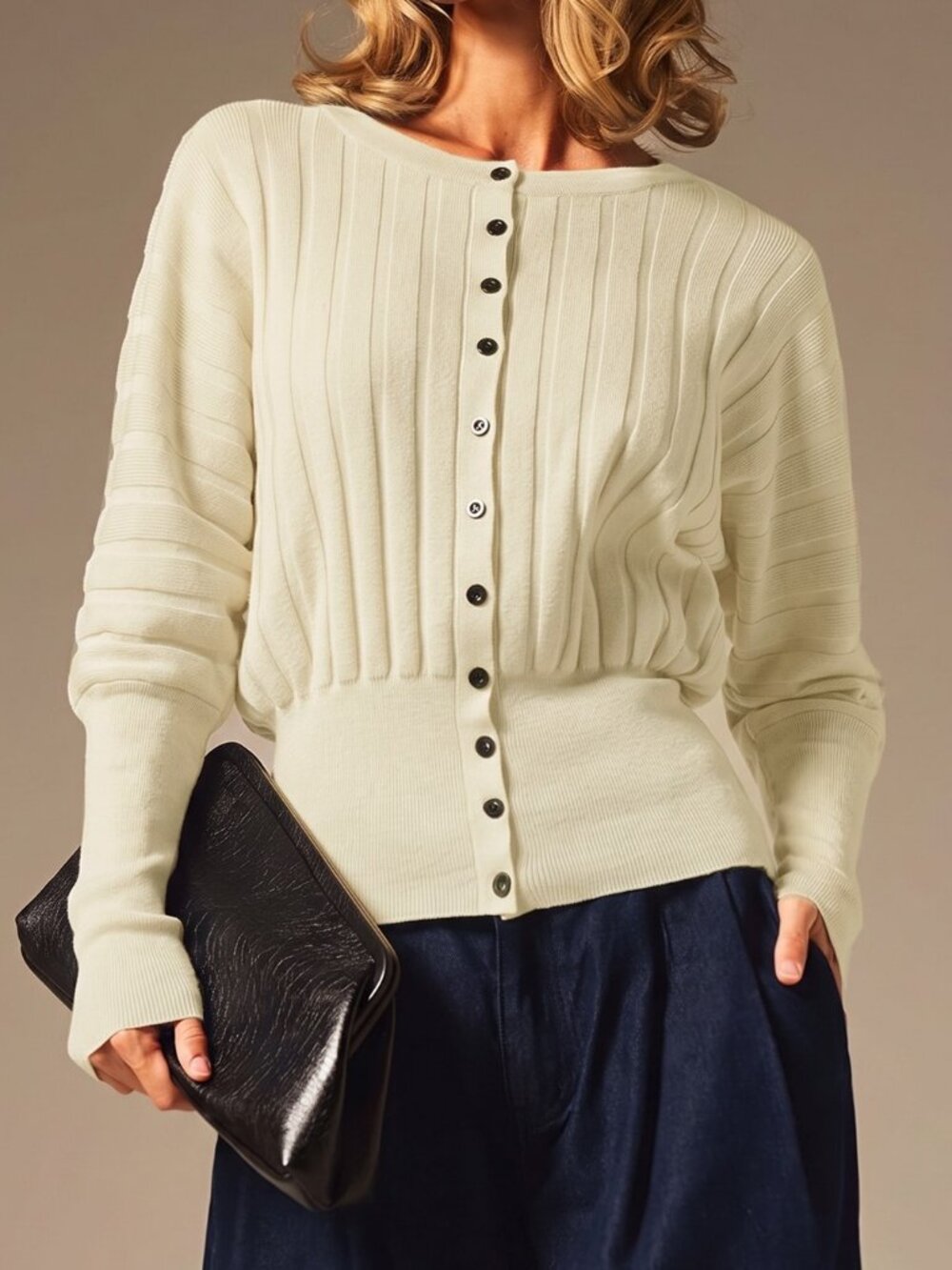 Apricot Casual Women's Ribbed Round Neck Knit Sweater
